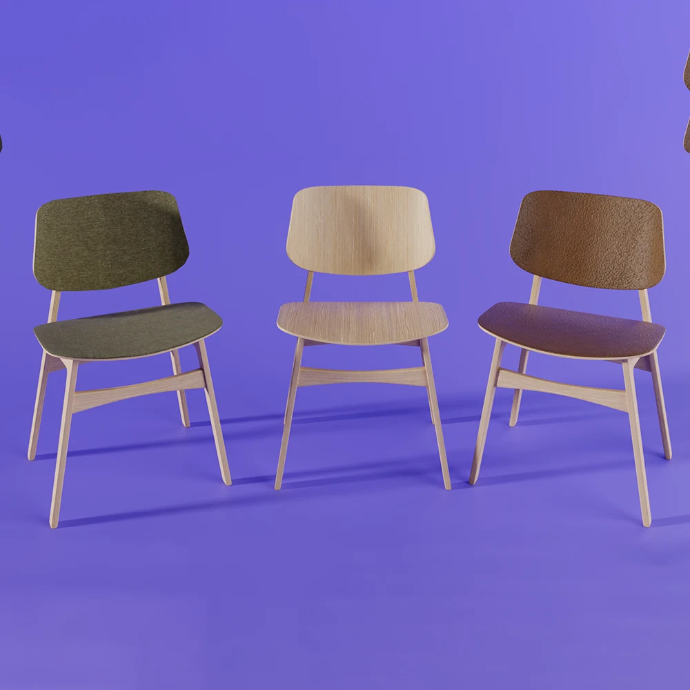 Three furniture material variations on a violet background