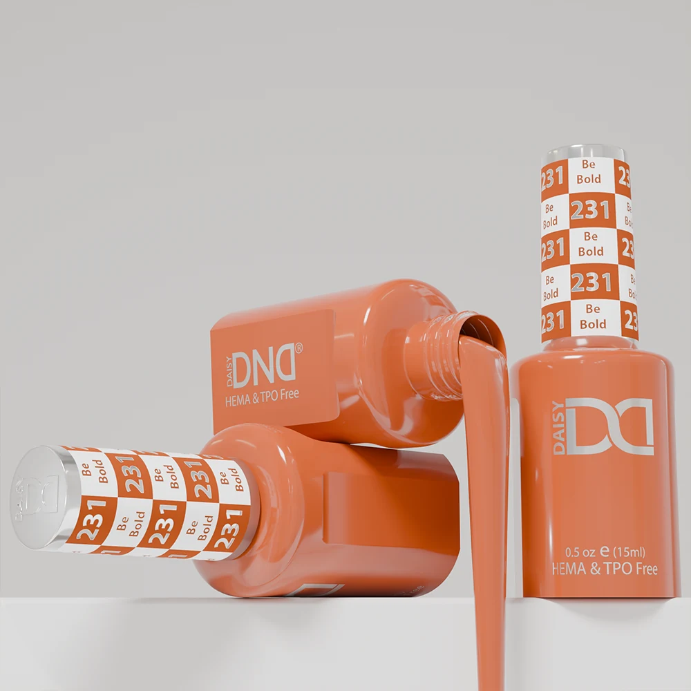Orange product bottles in a playful arrangement