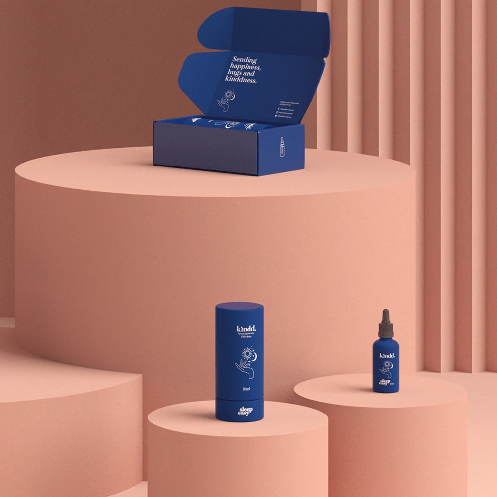 Blue packaging arranged on terracotta podiums